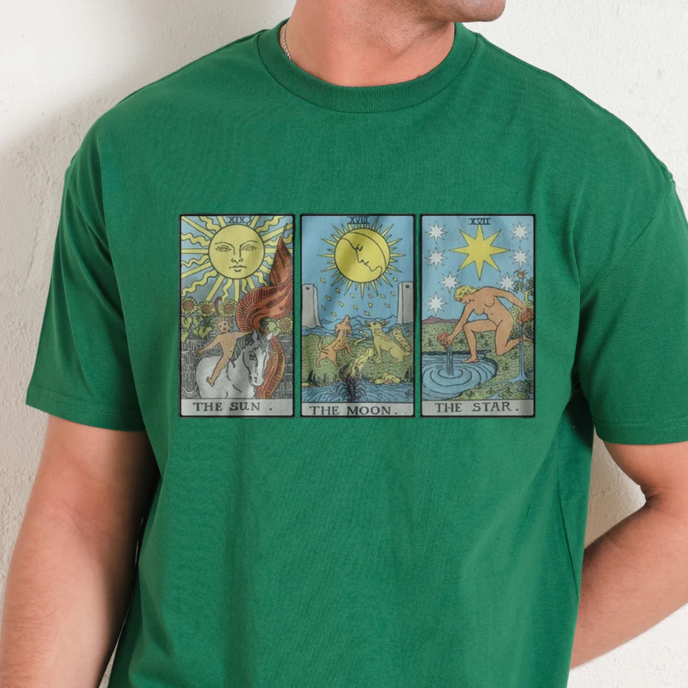 Green t-shirt with tarot card designs worn by a person