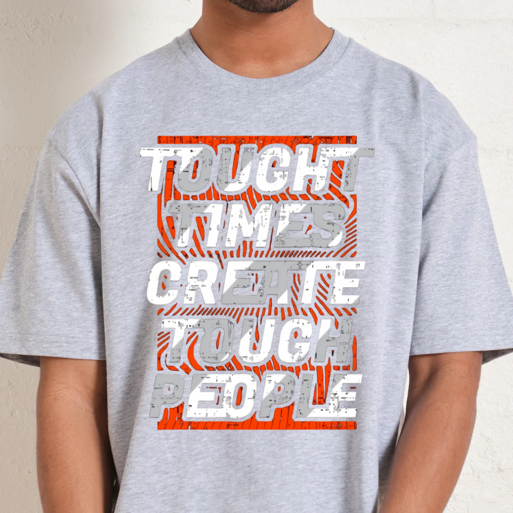 Gray t-shirt with motivational text design on a plain background