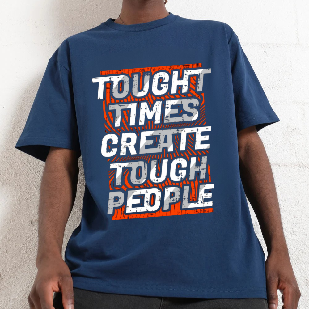 Person wearing a blue t-shirt with motivational text design