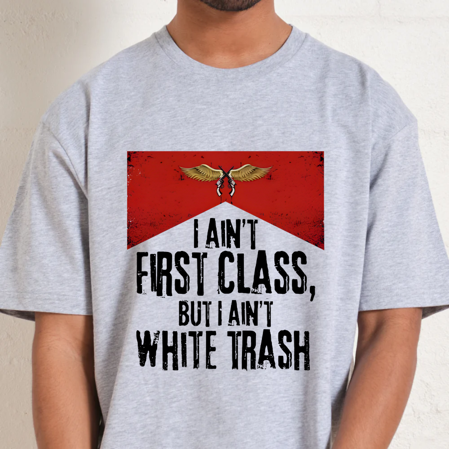 Gray t-shirt with a graphic and text on a plain background